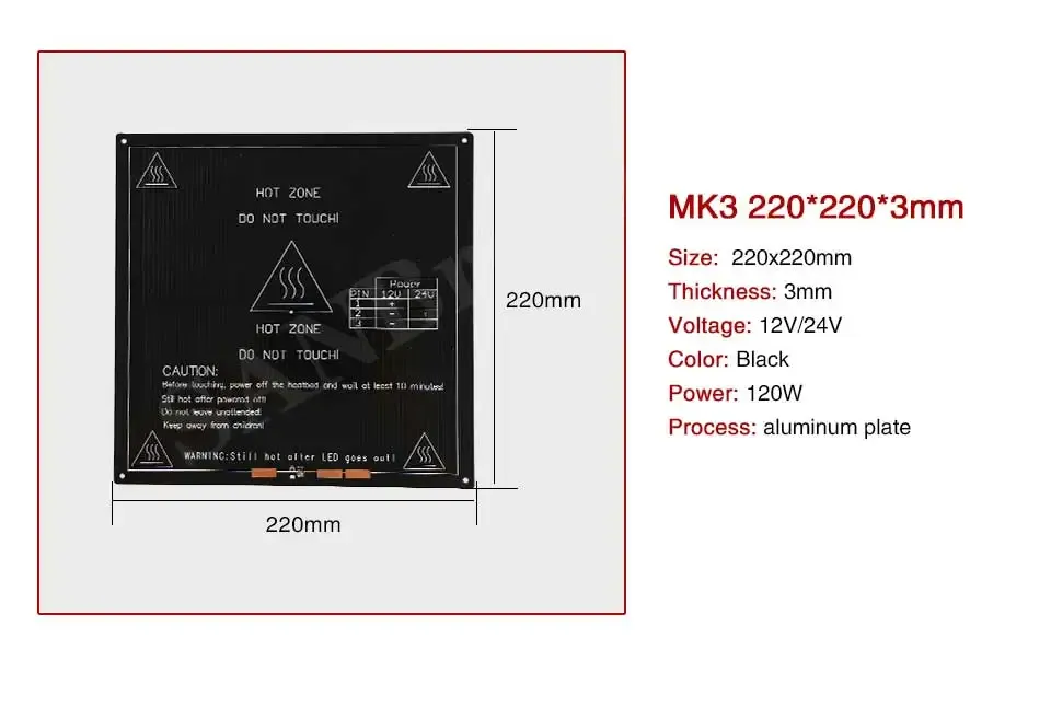 Aluminium Heizbett 12V/24V 235x235mm für 3D-Drucker