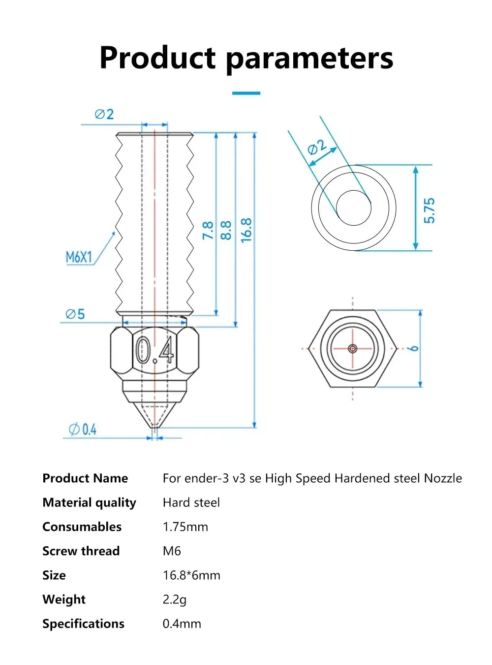 Düse aus gehärtetem Stahl 0,2 bis 1,0 mm für Ender 3 V3 SE