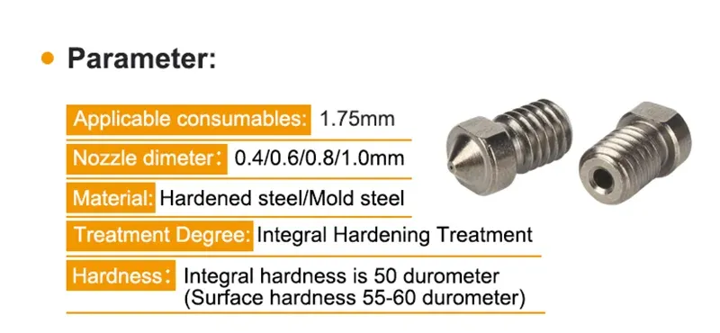 Düse aus gehärtetem Stahl V6 0,4 bis 1,0 mm für 3D-Drucker