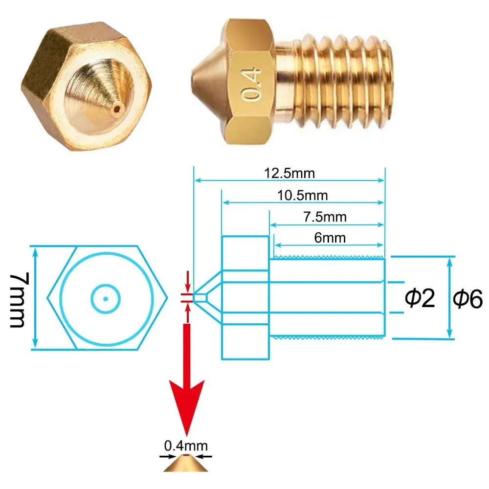 E3D Düse Messing M6 für 1,75 mm Filament 0,2 bis 1,0 mm 20er Set