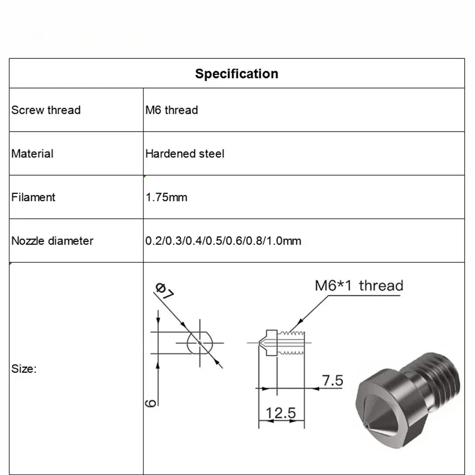 E3D V6 Düse gehärtete Stahldüse 0,2 bis 0,8 mm für Ender 3 Prusa