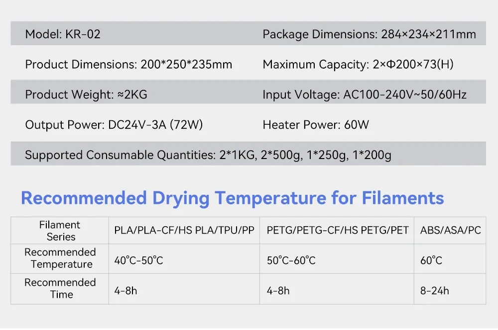 Filament-Trockner KR02 2KG 360° Heißluft-Heizung