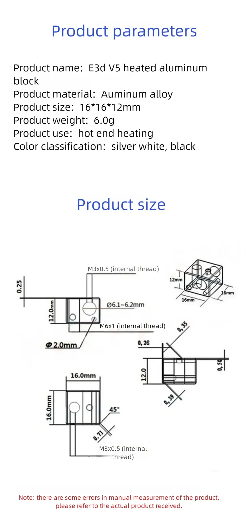 Heizblock E3D V5 V6 MK7 MK8 CR-6 SE Volcano Aluminium Messing