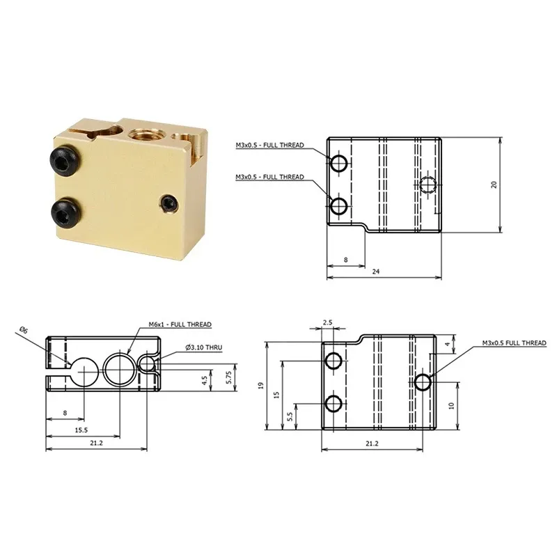 Heizblock E3D V5 V6 MK7 MK8 CR-6 SE Volcano Aluminium Messing