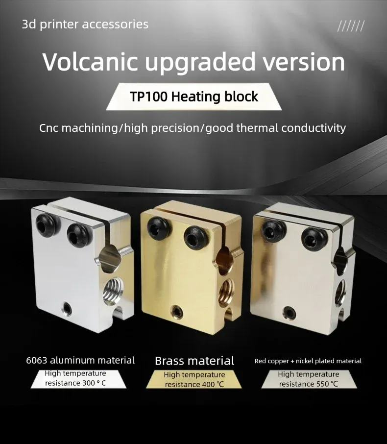 Heizblock E3D V5 V6 MK7 MK8 CR-6 SE Volcano Aluminium Messing