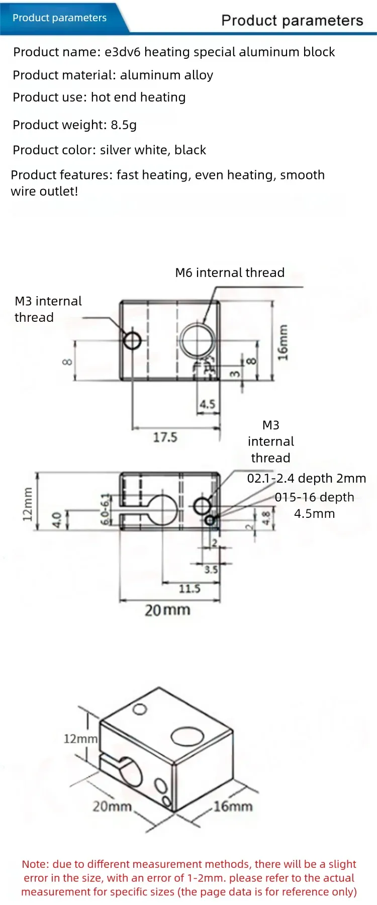 Heizblock E3D V5 V6 MK7 MK8 CR-6 SE Volcano Aluminium Messing