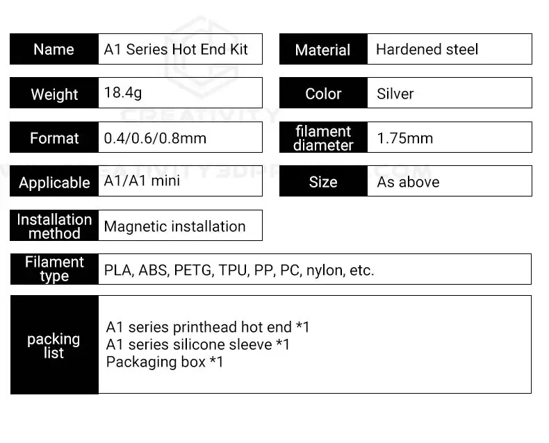 Hotend-Kit für Bambu Lab A1/A1 Mini mit gehärteter Düse 0,2 bis 0,8 mm