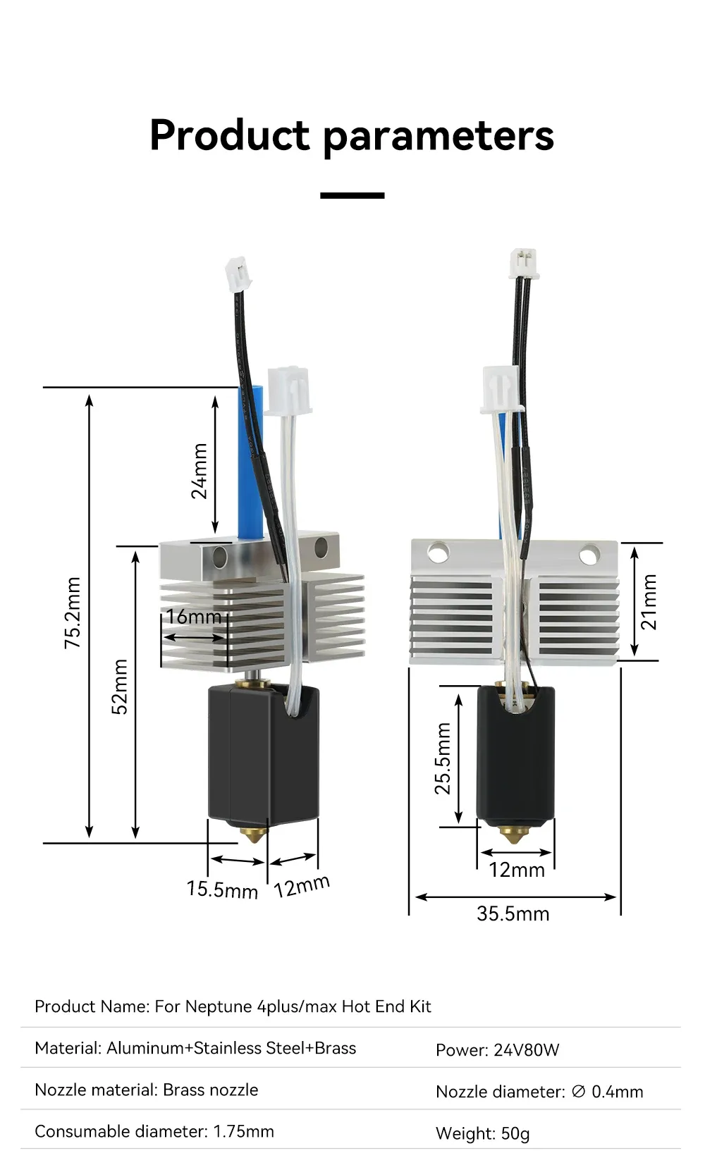 Hotend-Kit mit Messing-Stahl-Düse für Elegoo Neptune 4 Plus