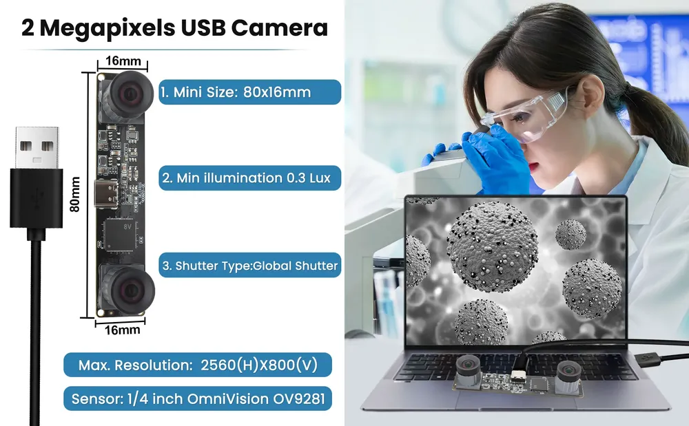 Kamera 3D Stereo Global Shutter Monochrome USB Weitwinkel