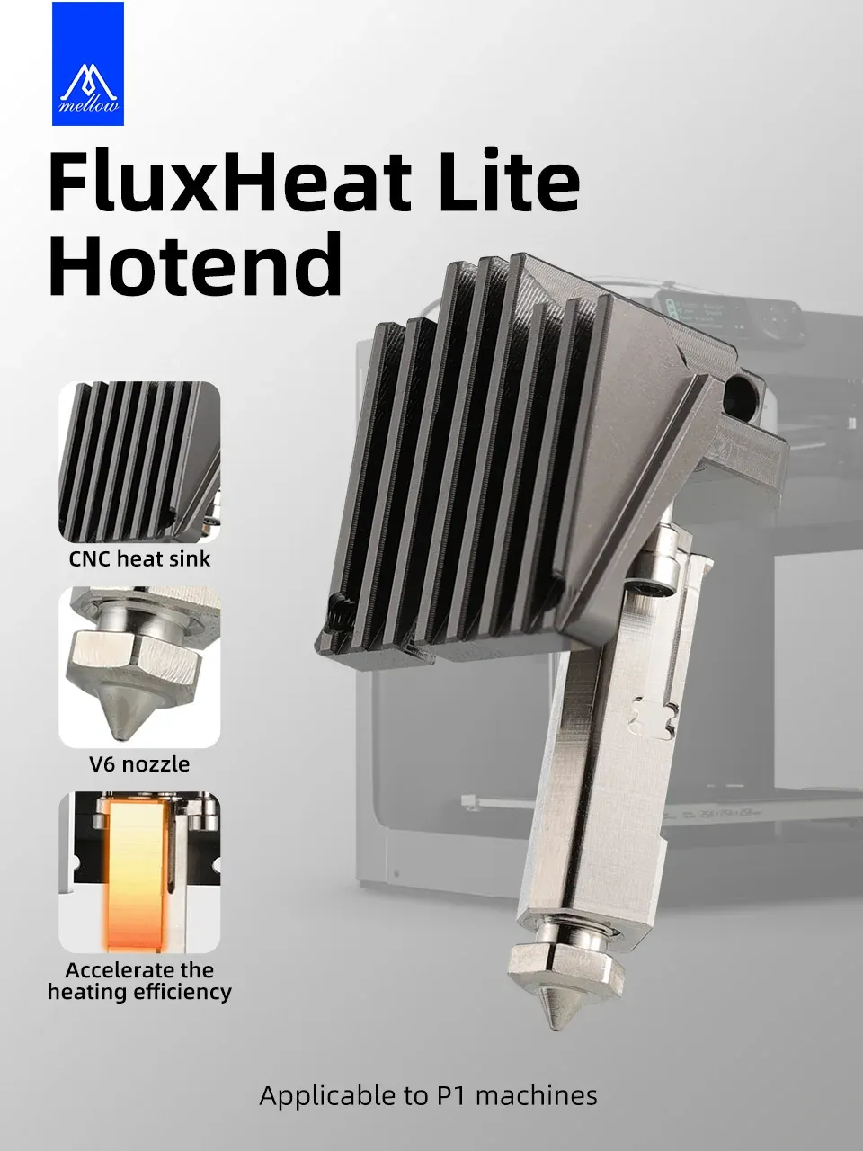 Mellow High Flow NF FluxHeat LIte Hotend Tc4 Heatbreak für Bambu Lab P1P P1S