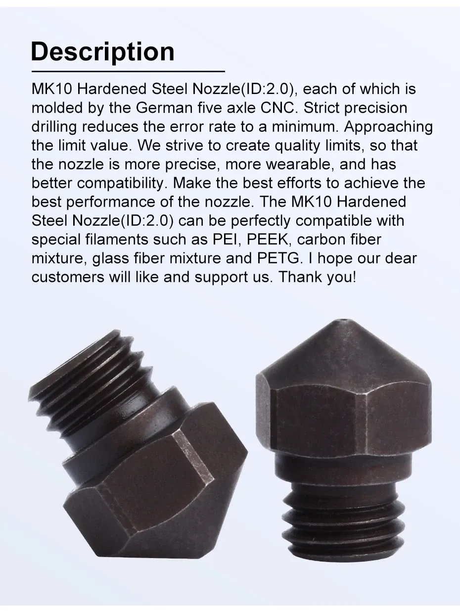 MK10 Düse gehärtete Stahldüse ID 2,0 mm für Wanhao FlashForge
