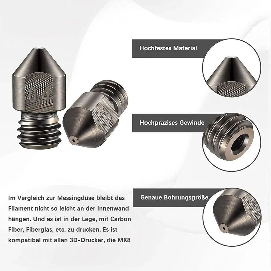 MK8 Düsen gehärtete Stahldüse 0,2 bis 1,0 mm für CR10 Ender3