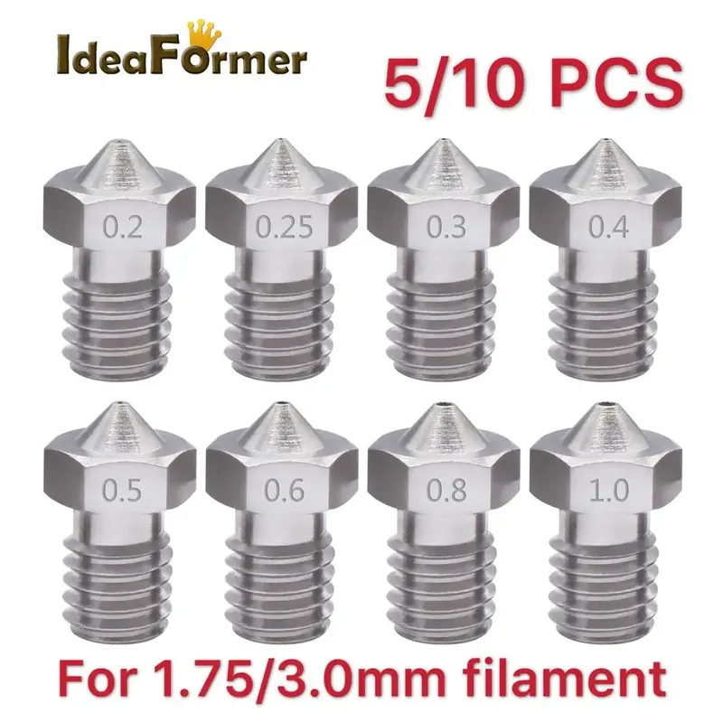 V6 Edelstahl Düse M6 für 1,75 oder 3,0 mm Filament 0,2 bis 1,0 mm