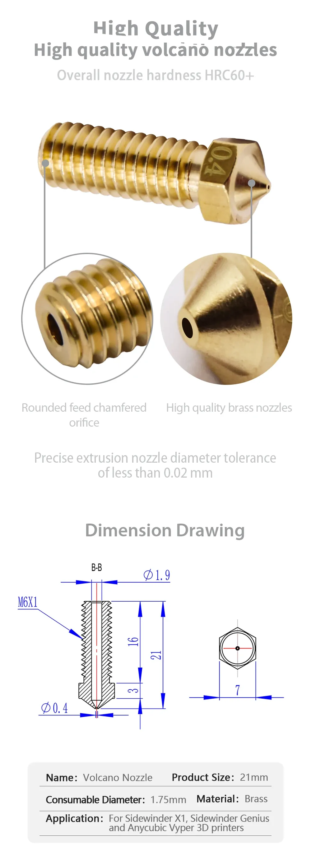 Volcano Düse Messing für Artillery Sidewinder Genius Pro 0,2 bis 1,2 mm